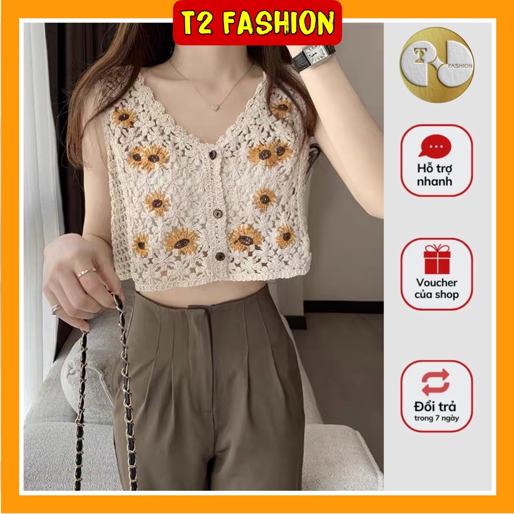 Áo sát nách đan móc cổ chữ V hoạ tiết hoa cúc MS309