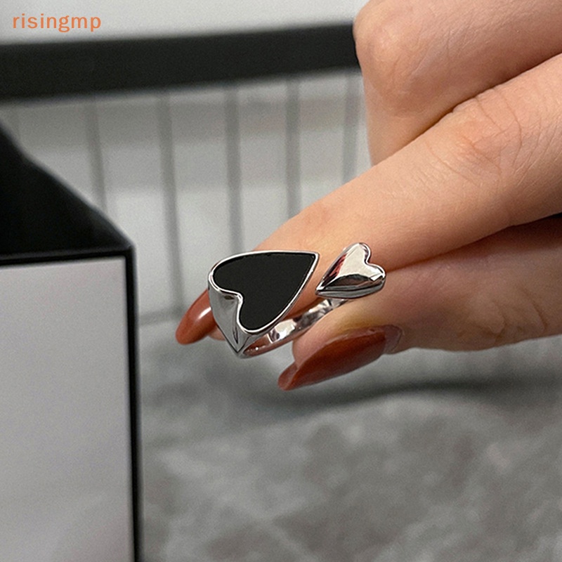 Nhẫn Kim Loại Dạng Mở Hình Trái Tim Hai Màu Đen Phong Cách Punk Tối Giản Cho Nữ