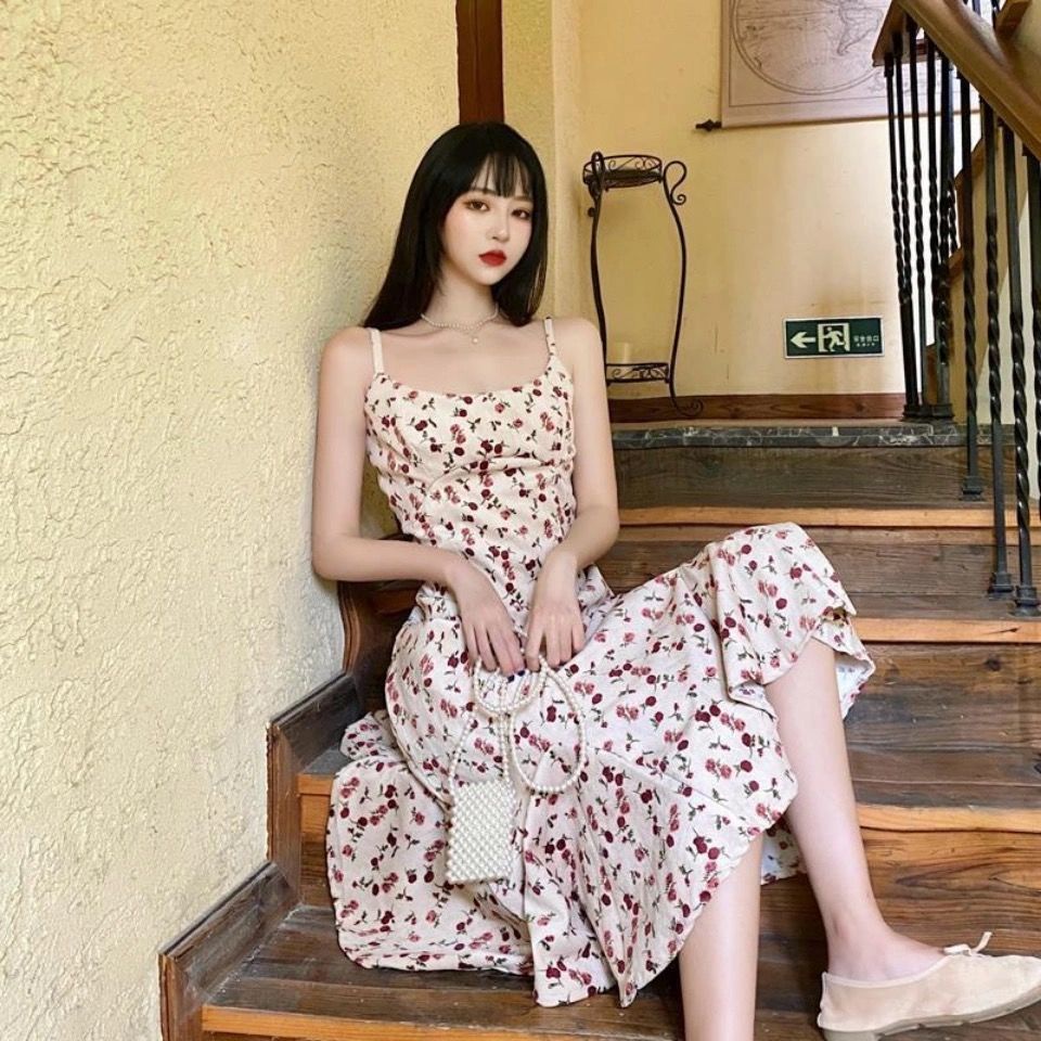 Đầm Đuôi Cá Sát Nách Cổ Chữ V In Họa Tiết Hoa Nhí Xinh Xắn Thời Trang Hè Phong Cách Hàn Quốc Cho Nữ