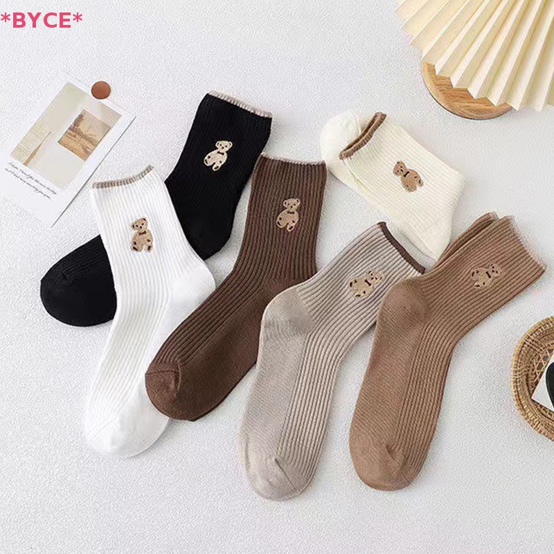 Set 5 Đôi Tất Cổ Cao In Hình Gấu Hoạt Hình Thời Trang Mùa Đông Cho Nữ Mới