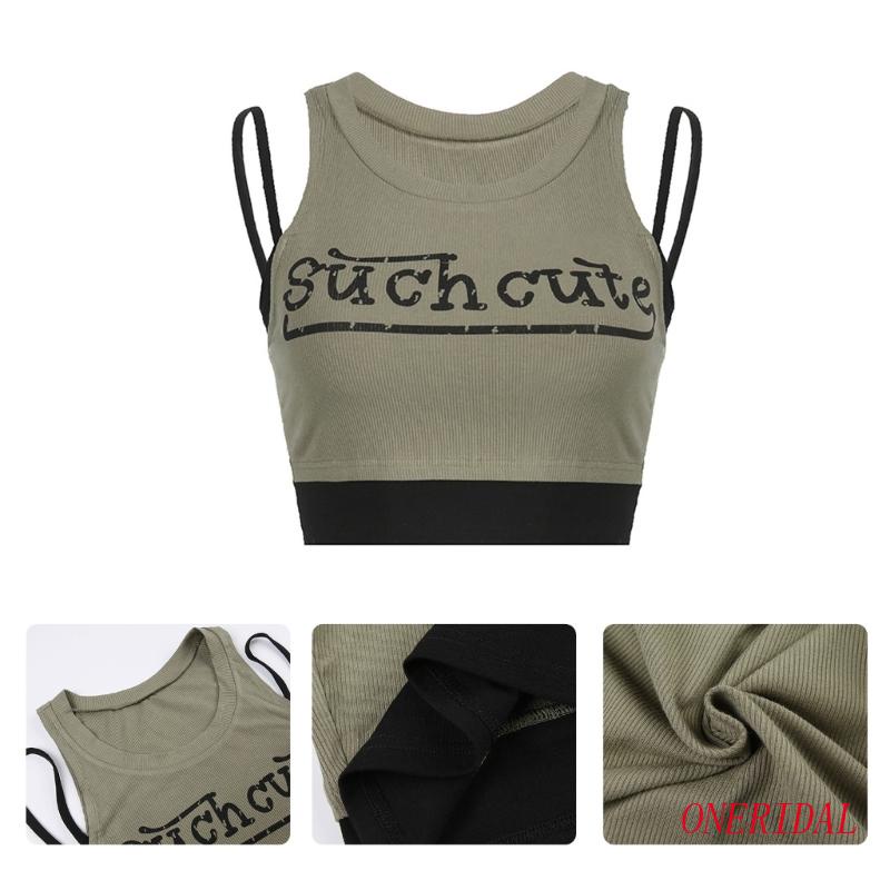 Áo Croptop Hai Dây Dáng Ôm In Chữ Phối Màu Xinh Xắn Cho Bạn Gái