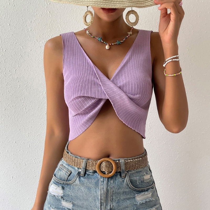 Áo Croptop Dệt Kim Màu Trơn Không Đường May Cổ Chữ V Gợi Cảm Cho Nữ