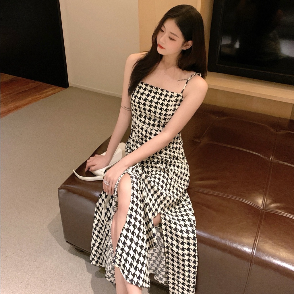 Đầm midi Dáng Dài Hở Vai Màu Đỏ Đen Phong Cách Hàn Quốc Thời Trang Mùa Hè Cho Nữ