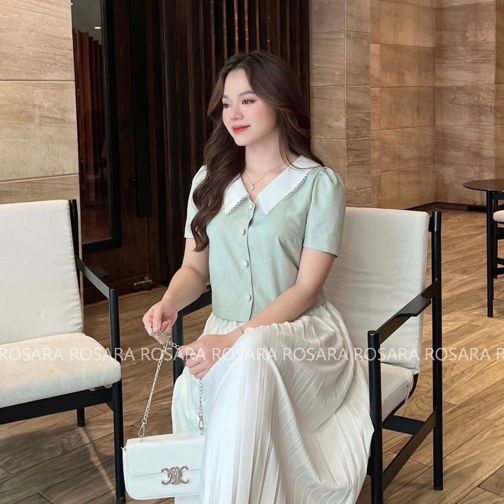 Áo Sơ Mi Xanh Cộc Tay Cổ Bẻ Viên Ren Thời Trang Nữ Rosara SM118