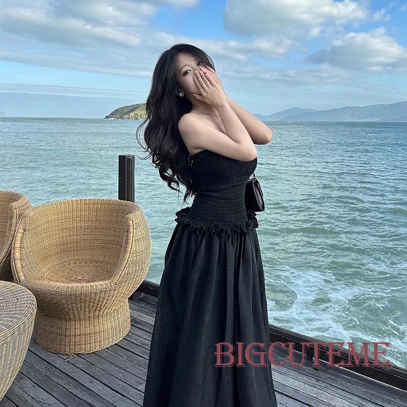 [] - Đầm Dài Dáng Chữ A Hở Lưng Cổ Thuyền Hở Lưng Nhún Bèo Màu Trơn Thời Trang Mùa Hè Dự Tiệc Cho Nữ