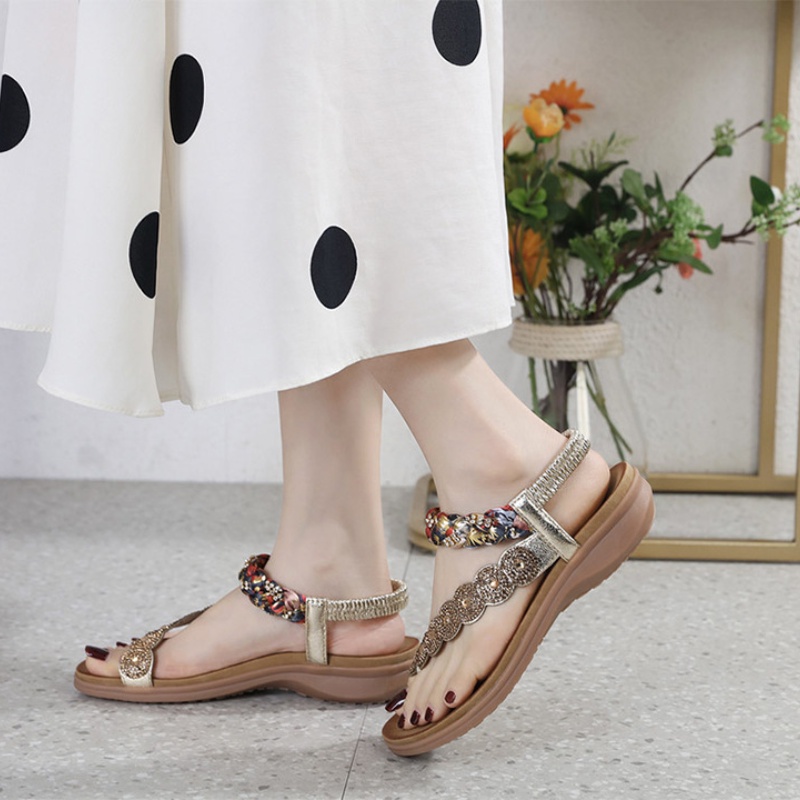 Giày Sandal Đế Xuồng Hở Ngón Mũi Tròn Đính Đá Thoải Mái Phong Cách Bohemian Dành Cho Nữ