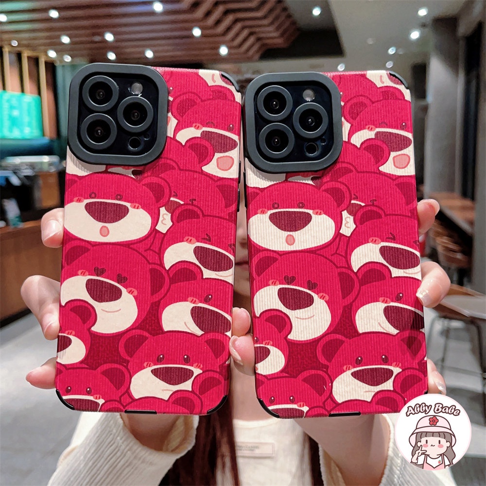 Ốp Điện Thoại Da Giả Viền TPU Dẻo Họa Tiết Chú Gấu &amp; Dâu Tây Màu Hồng Cho IPhone 14 Pro Max 11 12 11 Pro Max X 7Plus