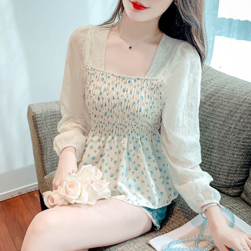 IELGY   Áo Sơ Mi Dài Tay Cổ Vuông Họa Tiết Hoa Phong Cách Pháp Thời Trang Cho Nữ