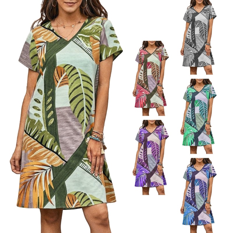 Đầm Thun Ngắn Tay Dáng Xòe In Họa Tiết Hoa Phong Cách Boho Thời Trang Mùa Hè Cho Nữ