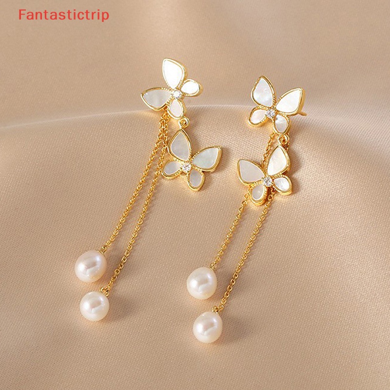 1 Đôi Bông Tai Dáng Dài Hình Bướm Đính Ngọc Trai Lãng Mạn Thời Trang Cho Nữ