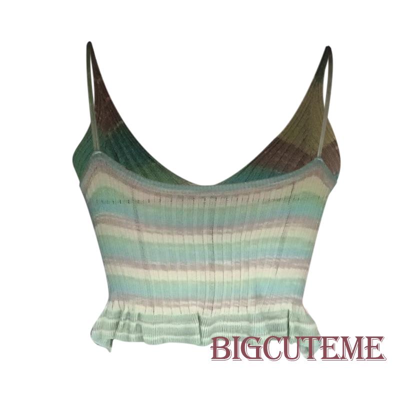 [] Áo Dệt Kim Không Tay Cổ Chữ V Ôm Dáng Họa Tiết Kẻ Sọc Thời Trang Mùa Hè Dành Cho Nữ