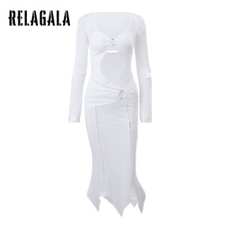 RelaGala Đầm Nữ Bộ Đồ Hai Mảnh Gợi Cảm Người Nổi Tiếng Áo Dài Tay Rỗng Xếp Ly Suspender