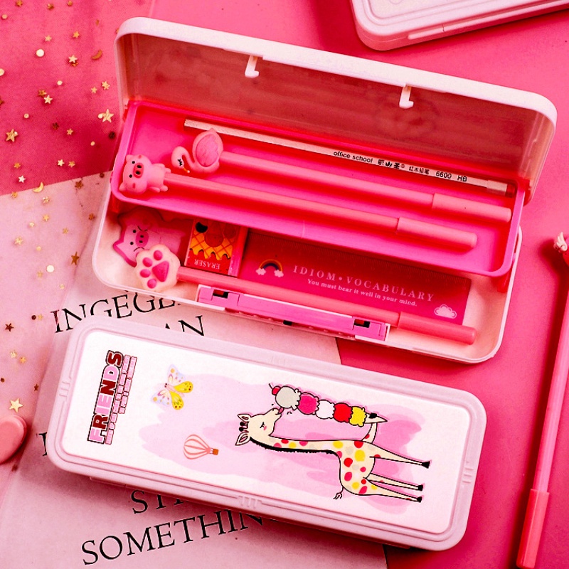 Hộp Đựng Bút Bằng Nhựa Hai Lớp Đa Năng Có Khóa Mật Khẩu Họa Tiết Hoạt Hình Sáng Tạo Cho Bé