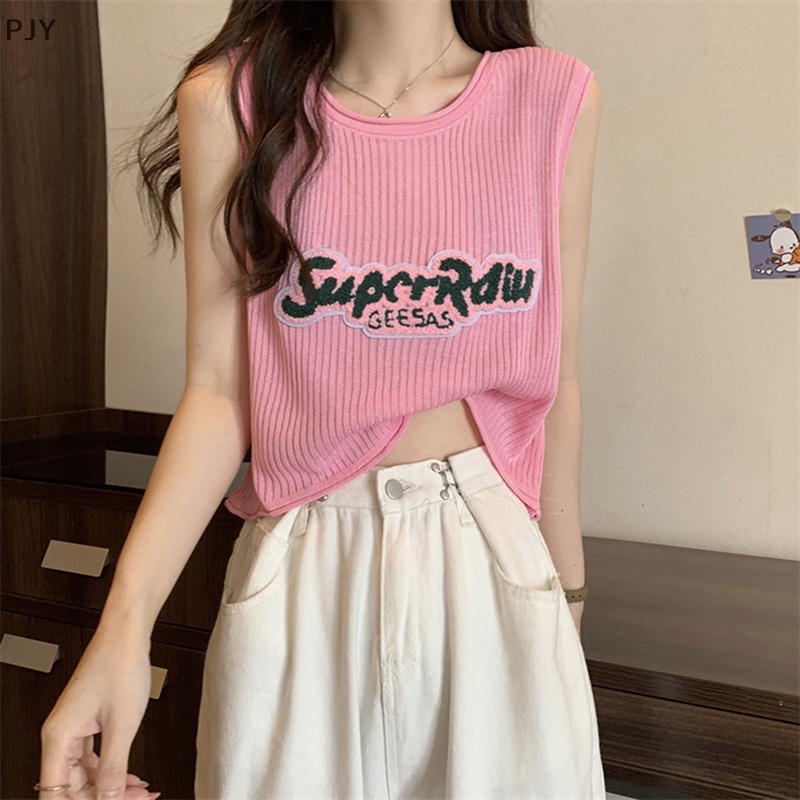 Áo Croptop Đan Len Dáng Rộng In Họa Tiết Chữ Thời Trang Cho Nữ