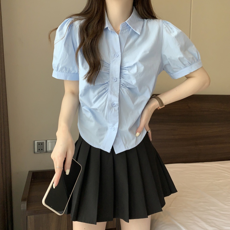 Áo Sơ Mi Tay Ngắn Phồng Cổ Bẻ Xếp Ly Phong Cách Hàn Quốc Thời Trang Mùa Hè Cho Nữ