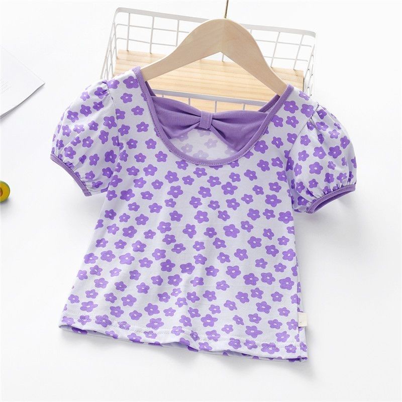 Áo Thun Cotton Ngắn Tay Màu Trơn Đính Nơ Họa Tiết Hoa Phong Cách Phương Tây Thời Trang Mùa Hè Mới Cho Bé Gái