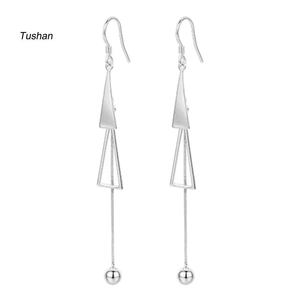 Bông Tai Dài Hình Tam Giác Phối Hai Quả Cầu Tua Rua Thời Trang Dành Cho Nữ