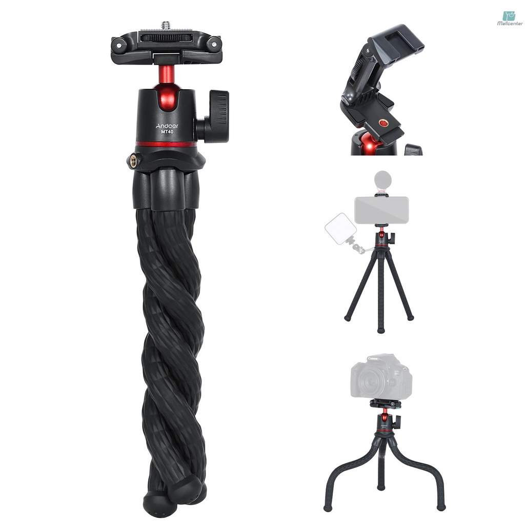 Andoer MT40 Flexible Octopus Tripod Stand Desktop Vlog Bracket 360° Rotatabble with 1/4 Inch Screw &amp; Phone Holder 2-in-1 Platform Cold Shoe Mount for Smartphone Camera Vlog Selfie Live Streaming