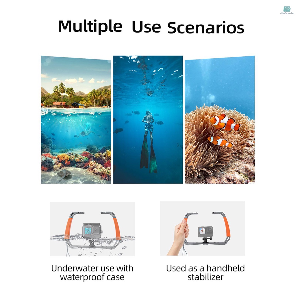 TELESIN TE-HBM-002 Sports Camera Diving Rig Handheld Underwater Stabilizer Bracket Dual Handle Aluminum Alloy Action Camera Holder with Dual Cold Shoe Mounts 1/4 Inch &amp; 3/8 Inch Screw Holes Replacemen