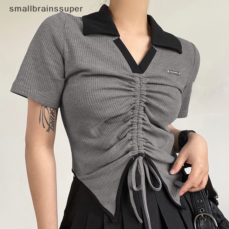Áo Thun Crop Top Tay Ngắn Cổ Chữ V Phối Dây Rút Màu Sắc Tương Phản Thời Trang Mùa Hè Cho Nữ SBS