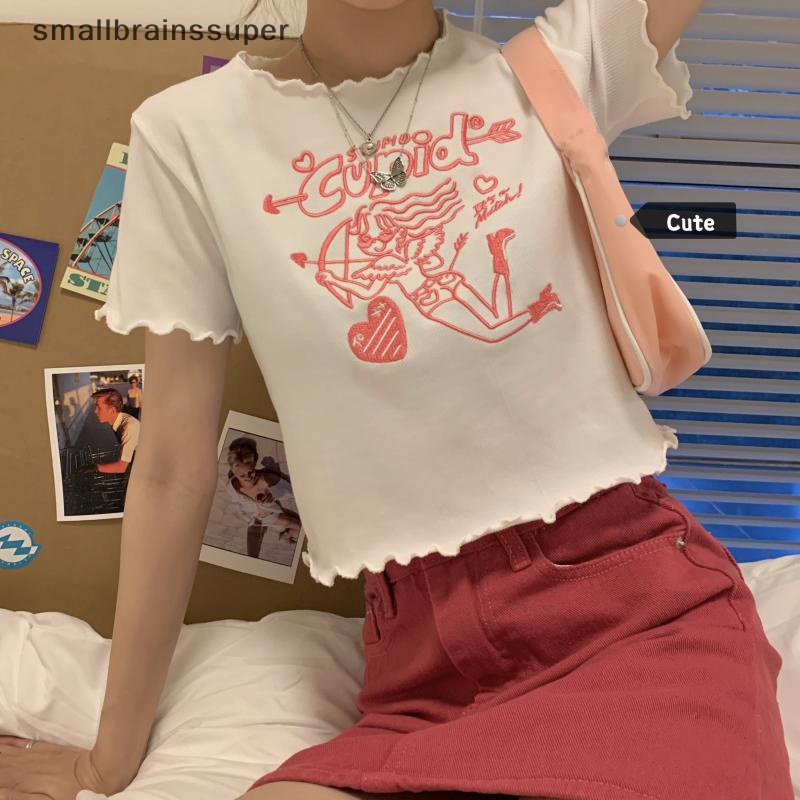 Áo Thun Croptop Tay Ngắn Cổ Tròn Thêu Họa Tiết Hoạt Hình Thời Trang Mùa Hè Cho Nữ