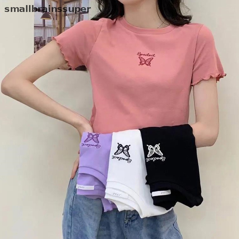 Áo Thun Croptop Ngắn Tay Cổ Tròn Thêu Hình Bướm Xinh Xắn Theo Phong Cách Mùa Hè Dành Cho Nữ