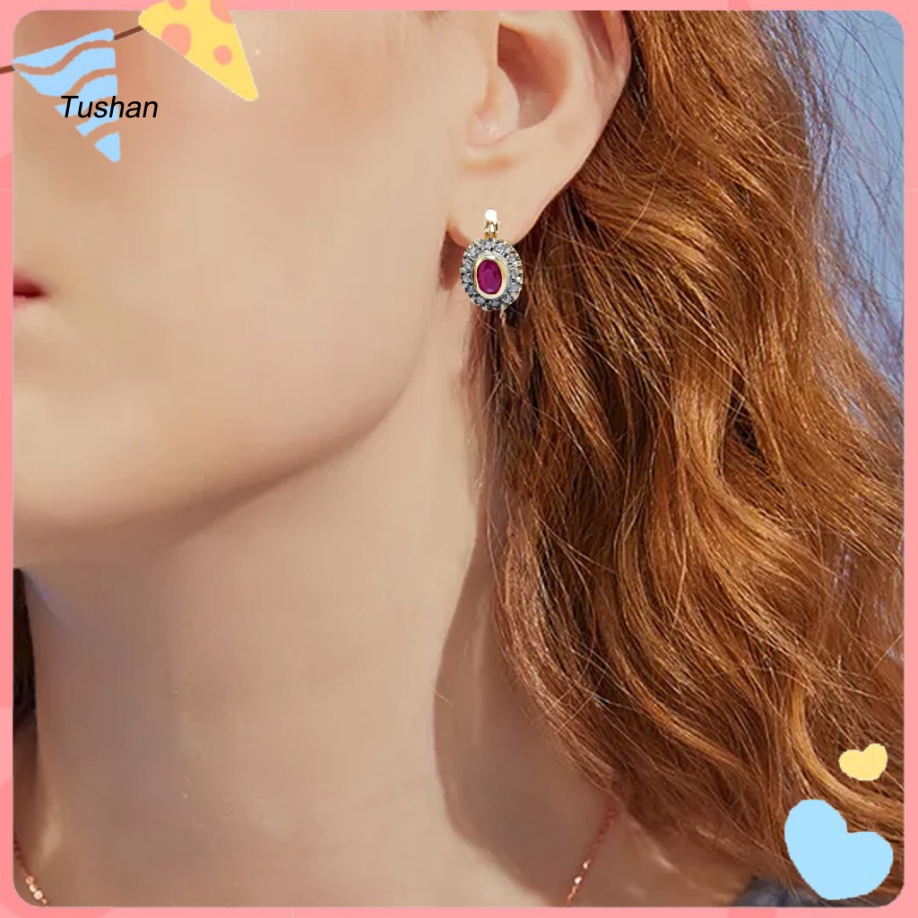 1 Đôi Bông Tai Đính Đá Màu Đỏ Hình Oval Bằng Hợp Kim Dành Cho Nữ