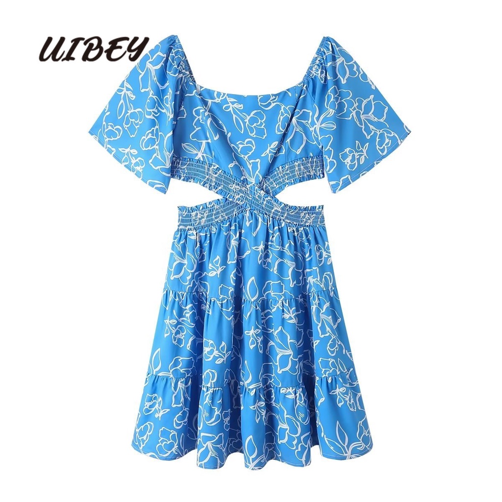 Uibey Đầm Cổ Vuông Hở Lưng In Họa Tiết Thời Trang Xinh Xắn 23001