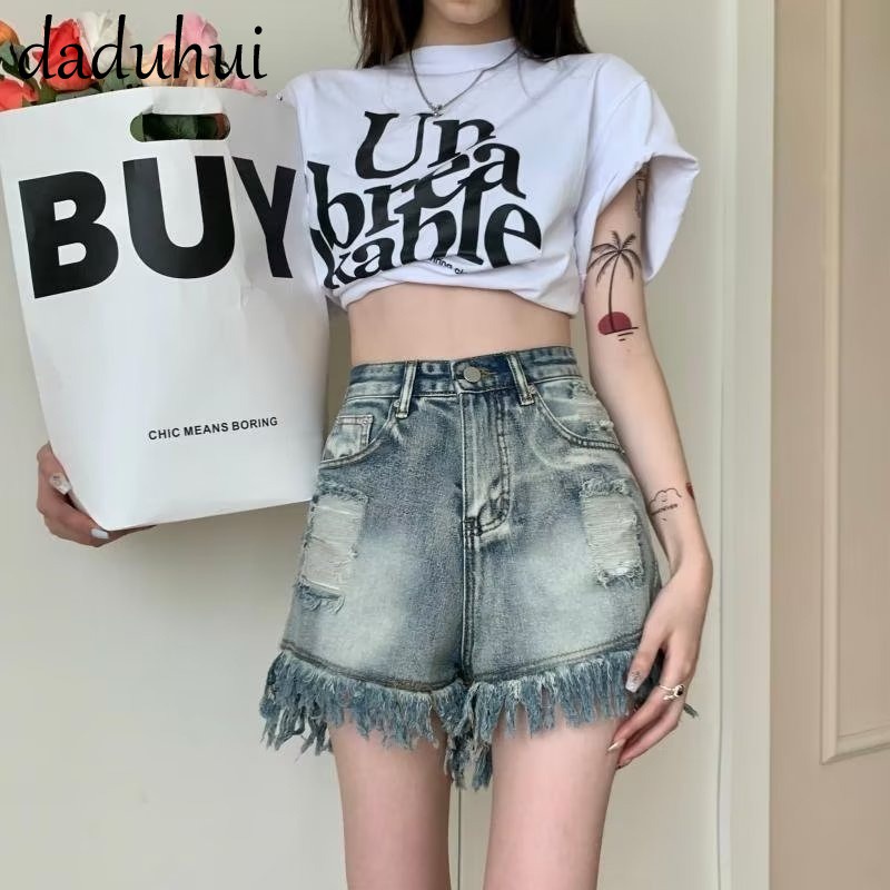 Daduhui New American Style Ins Street Ripped Denim Shorts High Waist Niche Raw Edge Thin A Word Hot Pants