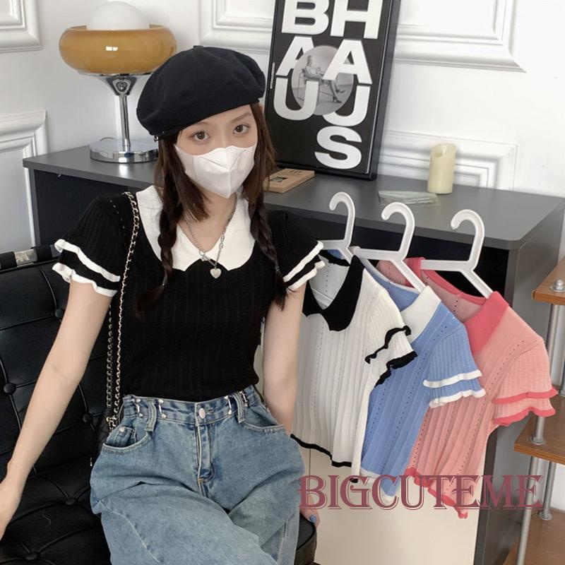 Áo Dệt Kim Tay Ngắn Cổ Búp Bê Màu Sắc Tương Phản Thời Trang Cho Nữ