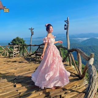 MÃ N1 Đầm maxi công chúa hoa nhí hồng tay nơ xinh xắn