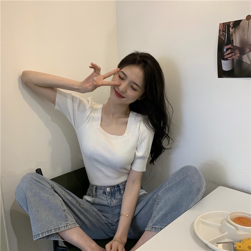 SUXI Áo Dệt Kim Ngắn Tay Cổ Vuông Hở Lưng Phong Cách Vintage