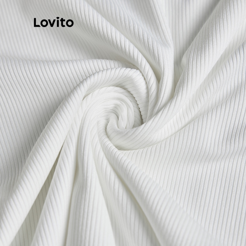Áo thun nữ Lovito tay ngắn cổ tròn dệt kim sọc gân phối viền tương phản màu trơn thường ngày L49AD015 (Màu trắng nhạt)