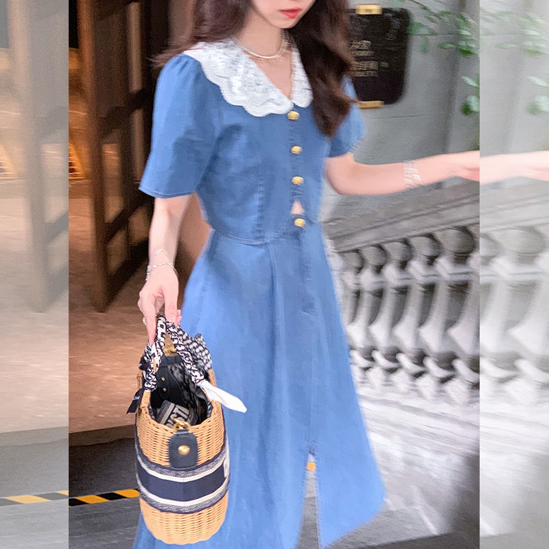 Đầm Chữ A Cổ Búp Bê Phối Ren Màu Xanh Dương Phong Cách Pháp Ngọt Ngào Thời Trang Mùa Hè Cho Nữ