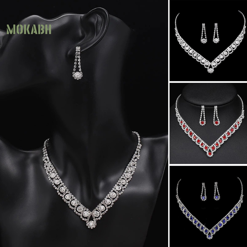 1 Bộ Vòng cổ + Bông Tai Đính Đá Hình Giọt Nước Màu Xanh Dương Sang Trọng