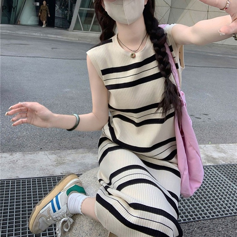Đầm Dệt Kim Sát Nách Dáng Dài Kẻ Sọc Kiểu Hàn Quốc Thời Trang Mùa Hè Cho Nữ