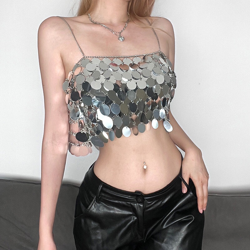 Weird Puss Áo Croptop Hai Dây Hở Lưng Đính Kim Sa Bạc Lấp Lánh Thời Trang Mùa Hè Quyến Rũ Cho Nữ