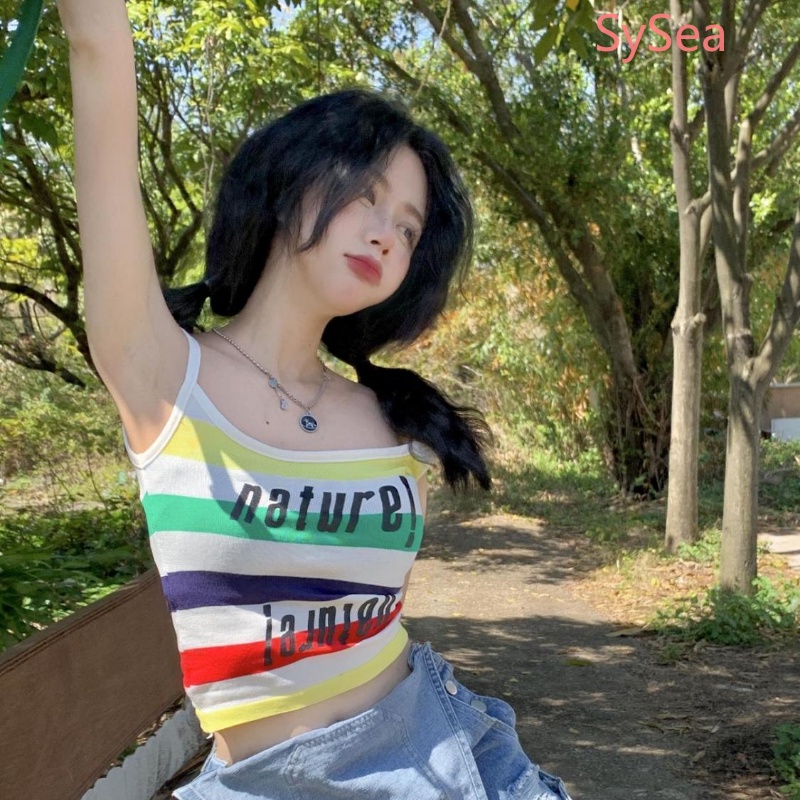 Áo Hai Dây Họa Tiết Kẻ Sọc In Chữ Phong Cách Retro Cho Nữ