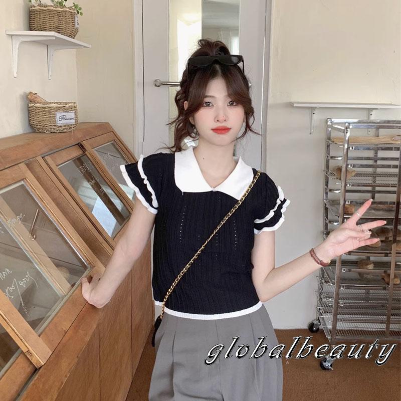 Áo Thun Dệt Kim Tay Ngắn Cổ Búp Bê Màu Sắc Tương Phản Thời Trang Dành Cho Nữ