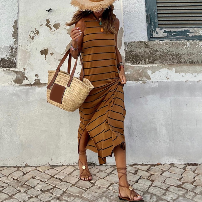 Đầm Dài Không Tay Cổ Tròn Họa Tiết Kẻ Sọc Thời Trang Mùa Hè Cho Nữ