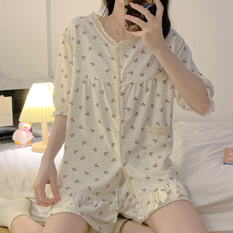 Bộ Đồ Ngủ Ngắn Tay Viền Ren Phong Cách Pháp Ngọt Ngào Mới Cho Nữ