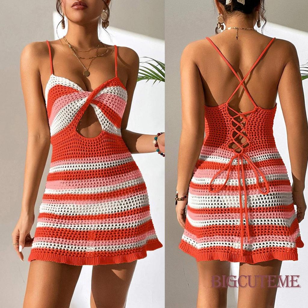 [] - Đầm Mini Hai Dây Dệt Kim Kẻ Sọc Thời Trang Mùa Hè Cho Nữ