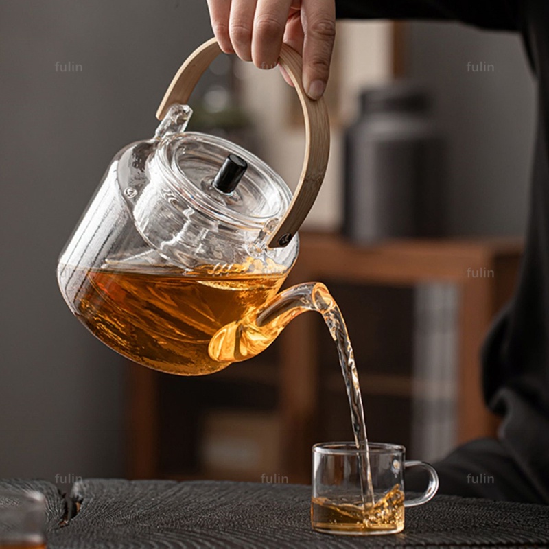 Ấm Trà Bằng Thủy Tinh Tay Cầm Tre Dung Tích 1100ml