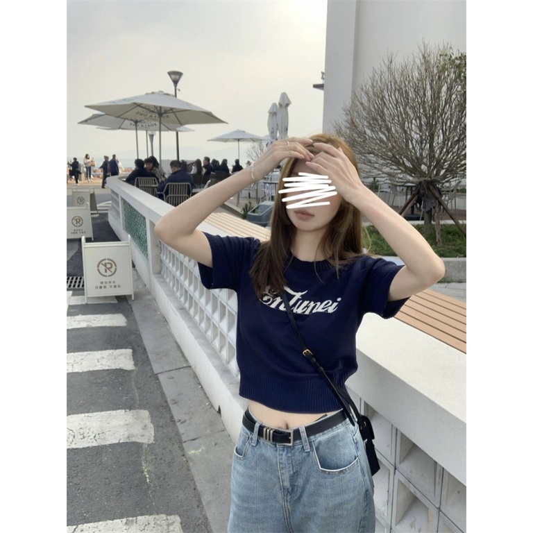 Áo Thun Dệt Kim Tay Ngắn Cổ Tròn Dáng Rộng In Họa Tiết Thời Trang Mùa Hè Phong Cách Hàn Quốc