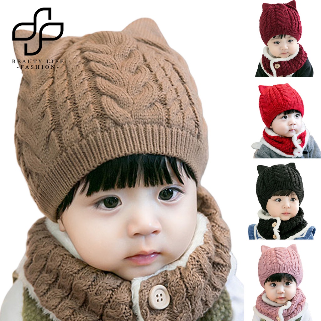 Bộ 2 Khăn Quàng Cổ Dệt Kim Giữ Ấm Tai Dễ Thương Cho Bé