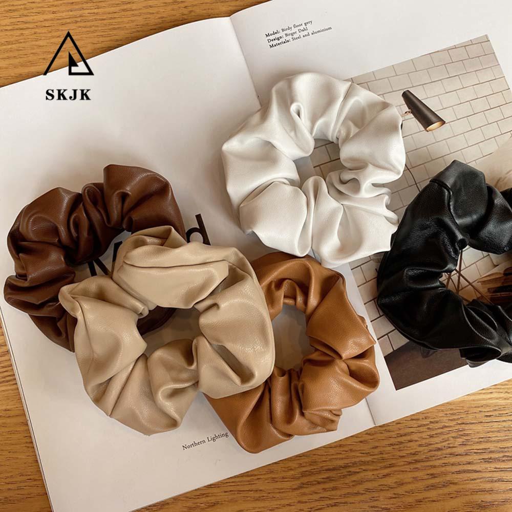 Dây Buộc Tóc Scrunchies Bằng Da PU Màu Trơn Đơn Giản Phong Cách Pháp