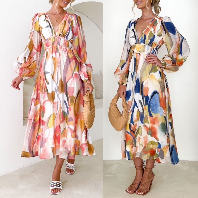 Đầm Dài Tay Phồng Cổ Chữ V In Hoa Thời Trang Mùa Hè Thanh Lịch Dành Cho Nữ