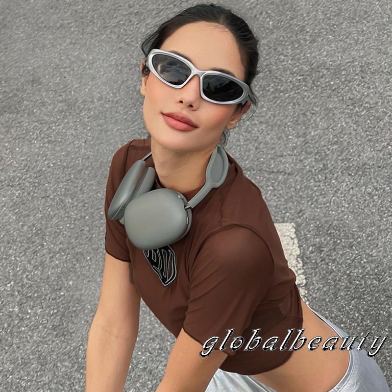 Áo Croptop Tay Ngắn Cổ Tròn Phối Lưới Thêu Chữ Phong Cách Đường Phố Cho Nữ