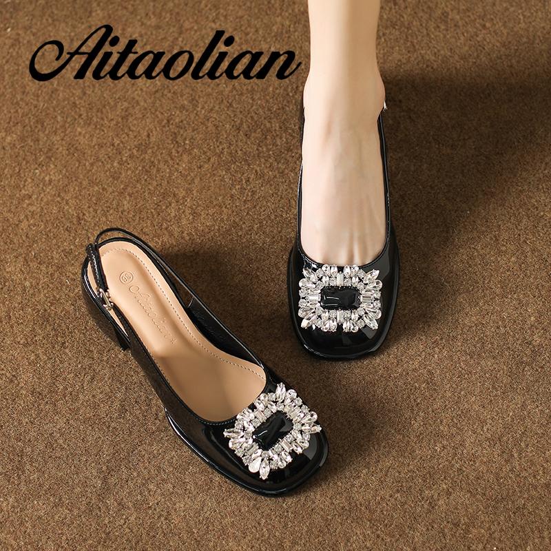 Xăng đan Cao Gót 5cm Bằng Da Mềm Mũi Vuông Màu Trơn Thời Trang Cho Nữ