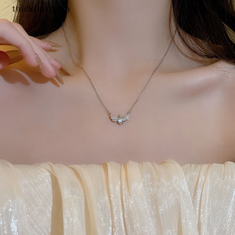 Vòng cổ Mạ Bạc Mặt Trái Tim Đôi Cánh Đính Đá Pha Lê Phong Cách Hàn Quốc